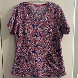 Vera Bradley Floral V-Neck Women’s Scrub Top - Pink and Blue